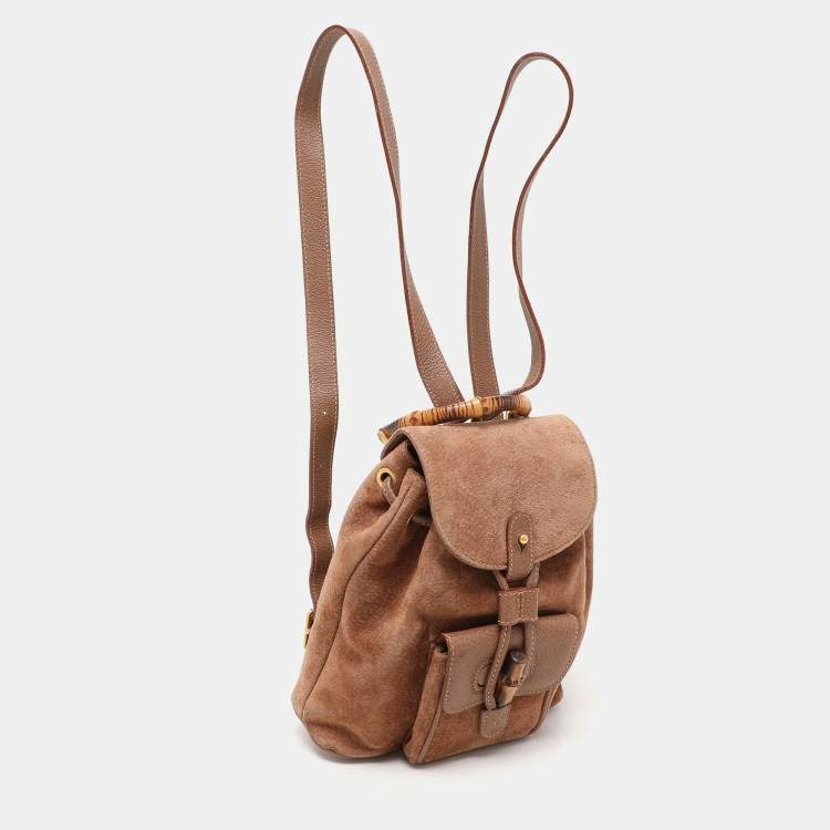 مملوكة مسبقًا Gucci Brown Suede and Leather Bamboo Drawstring Backpack