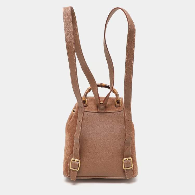 مملوكة مسبقًا Gucci Brown Suede and Leather Bamboo Drawstring Backpack