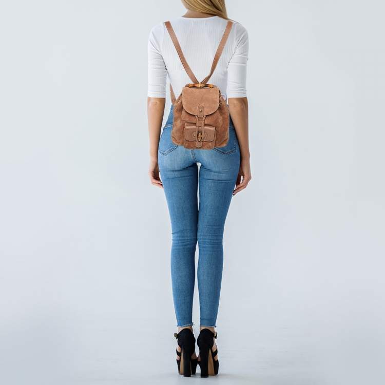 مملوكة مسبقًا Gucci Brown Suede and Leather Bamboo Drawstring Backpack
