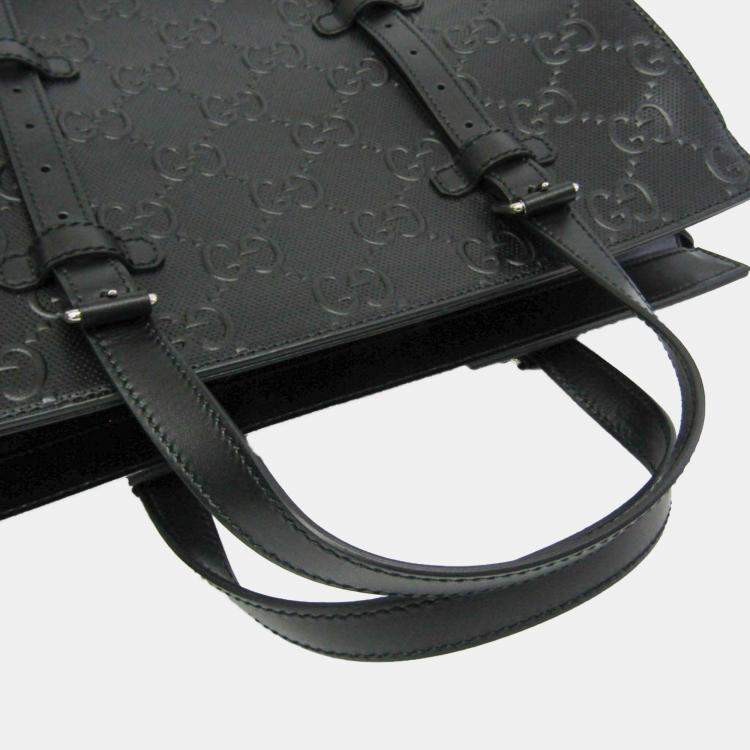 Pre Owned Gucci Black Leather Perforated GG Embossed Tote Bag