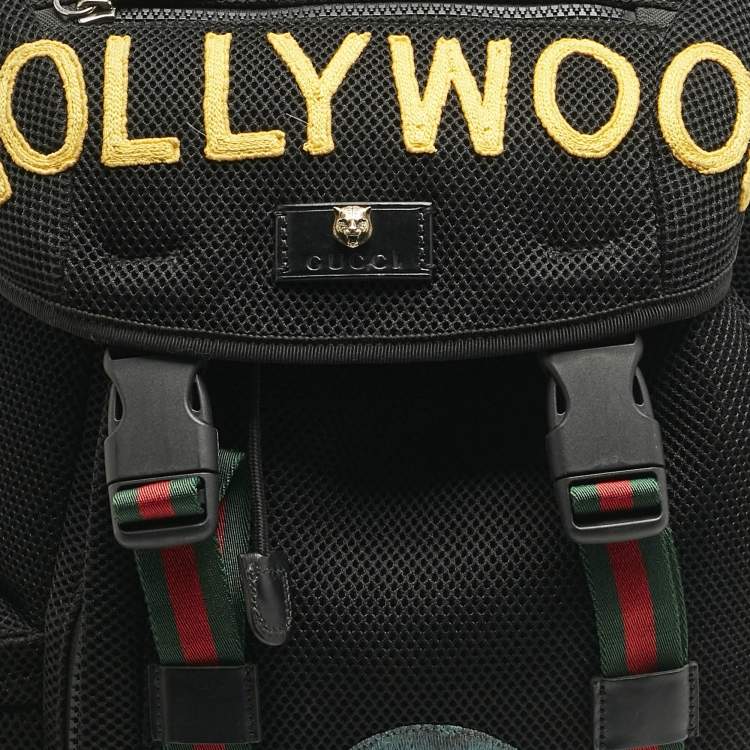 Pre Owned Gucci Black Mesh Fabric Hollywood Embroidered Backpack