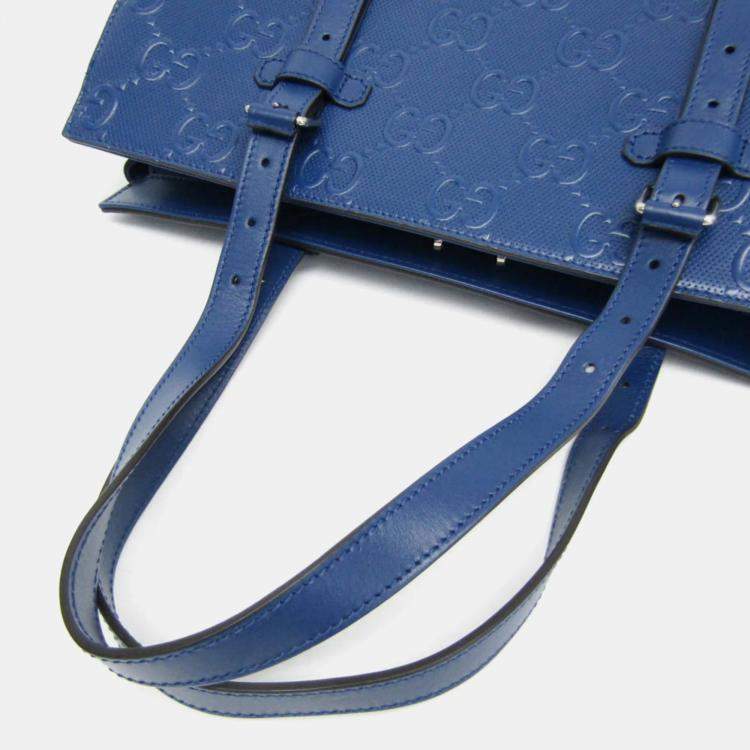 Pre Owned Gucci Blue GG Embossed Tote Leather Tote Bag 
