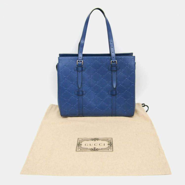 Pre Owned Gucci Blue GG Embossed Tote Leather Tote Bag 