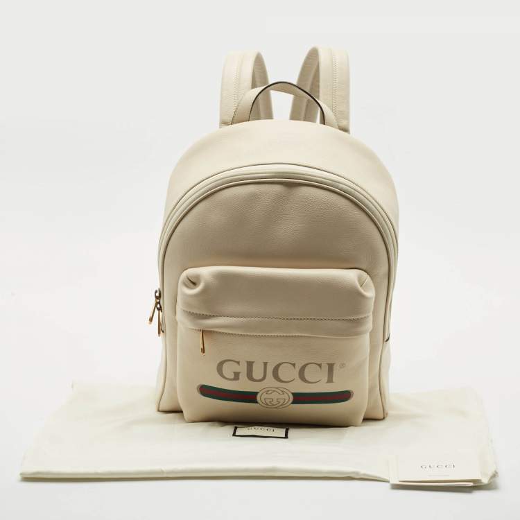 Pre Owned Gucci Off White Leather Logo Print Backpack