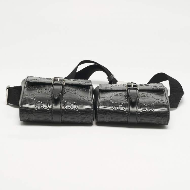 Pre Owned Gucci Black GG Embossed Perforated Leather Double Belt Bag