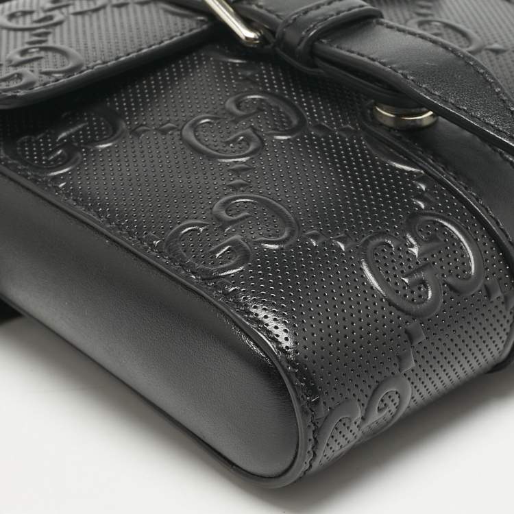 Pre Owned Gucci Black GG Embossed Perforated Leather Double Belt Bag