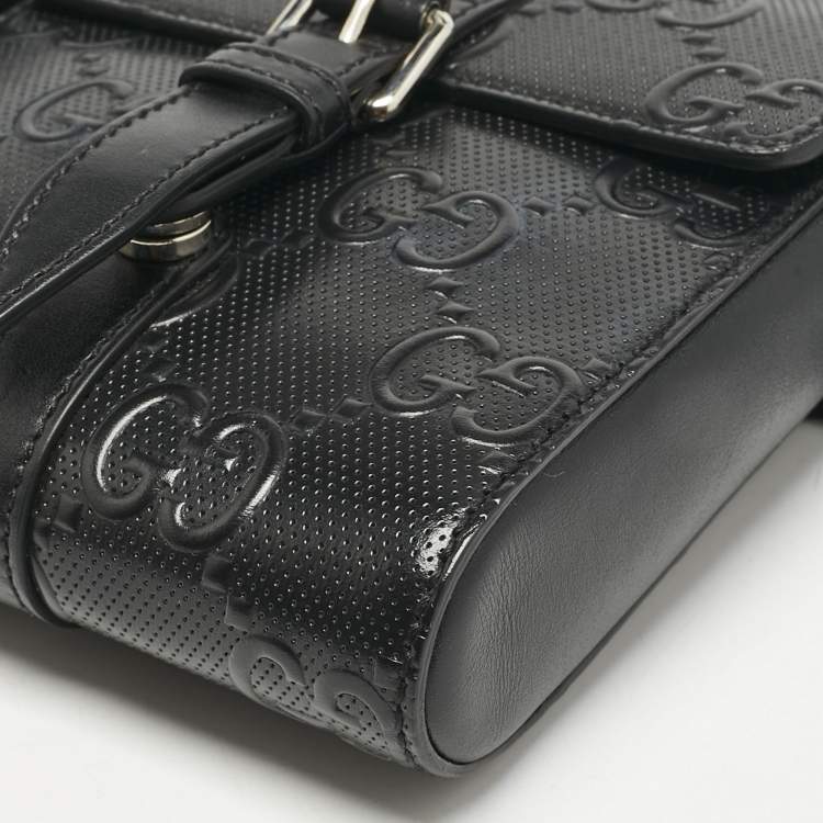 Pre Owned Gucci Black GG Embossed Perforated Leather Double Belt Bag