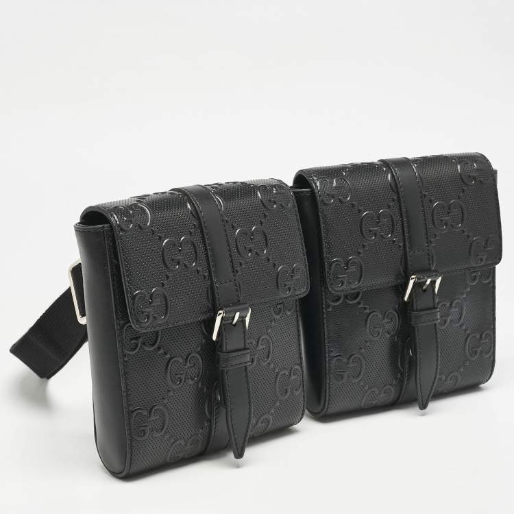 Pre Owned Gucci Black GG Embossed Perforated Leather Double Belt Bag