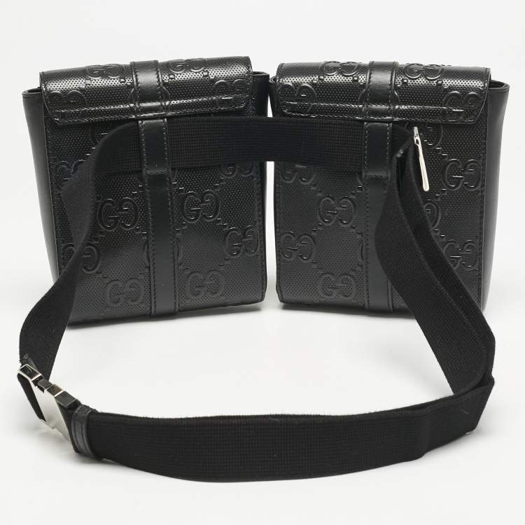 Pre Owned Gucci Black GG Embossed Perforated Leather Double Belt Bag