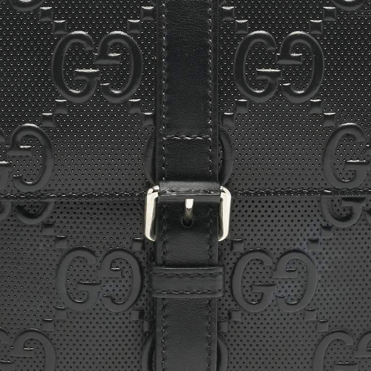 Pre Owned Gucci Black GG Embossed Perforated Leather Double Belt Bag