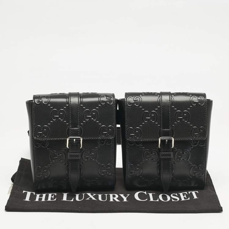 Pre Owned Gucci Black GG Embossed Perforated Leather Double Belt Bag