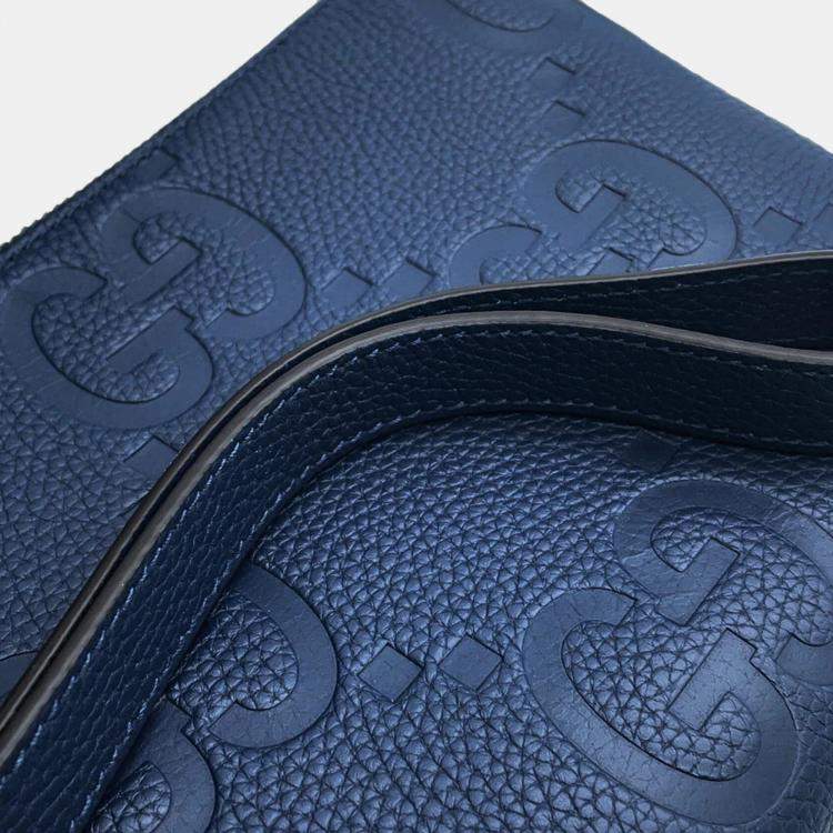 Pre Owned Gucci Jumbo GG Small Blue Leather Messenger Bag