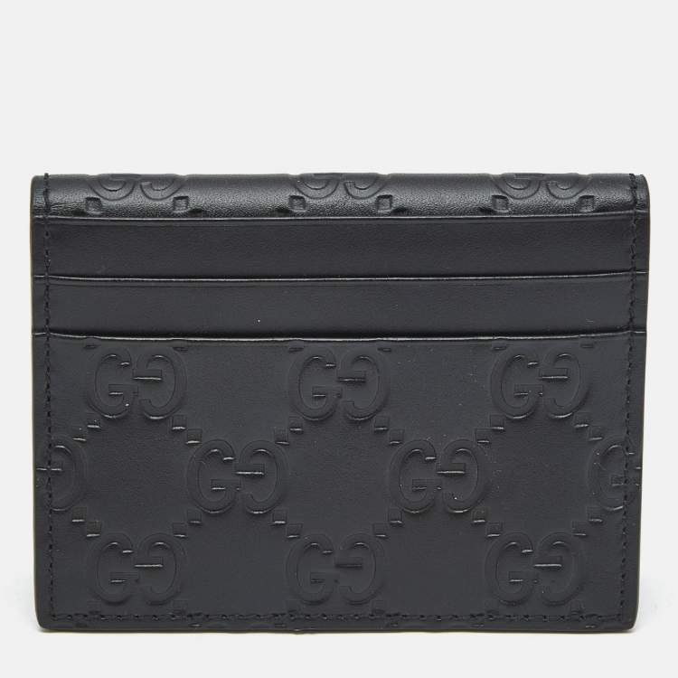 Pre Owned Gucci Black Guccissima Leather Flap Card Case