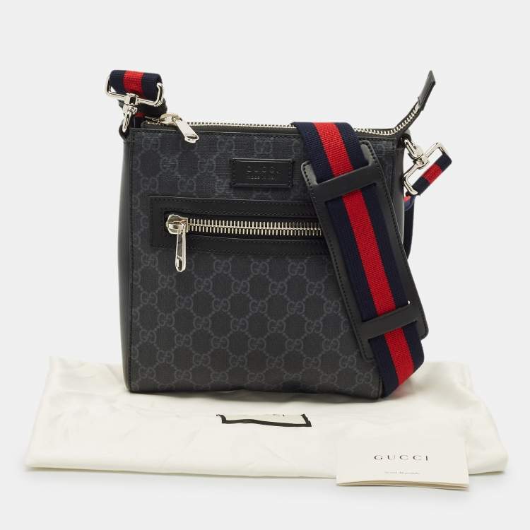 Pre Owned Gucci Black GG Supreme Canvas and Leather Zip Messenger Bag