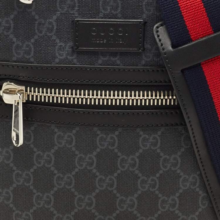 Pre Owned Gucci Black GG Supreme Canvas and Leather Zip Messenger Bag