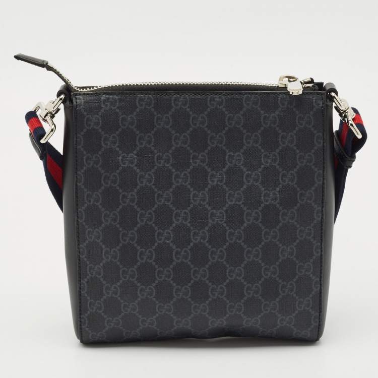 Pre Owned Gucci Black GG Supreme Canvas and Leather Zip Messenger Bag