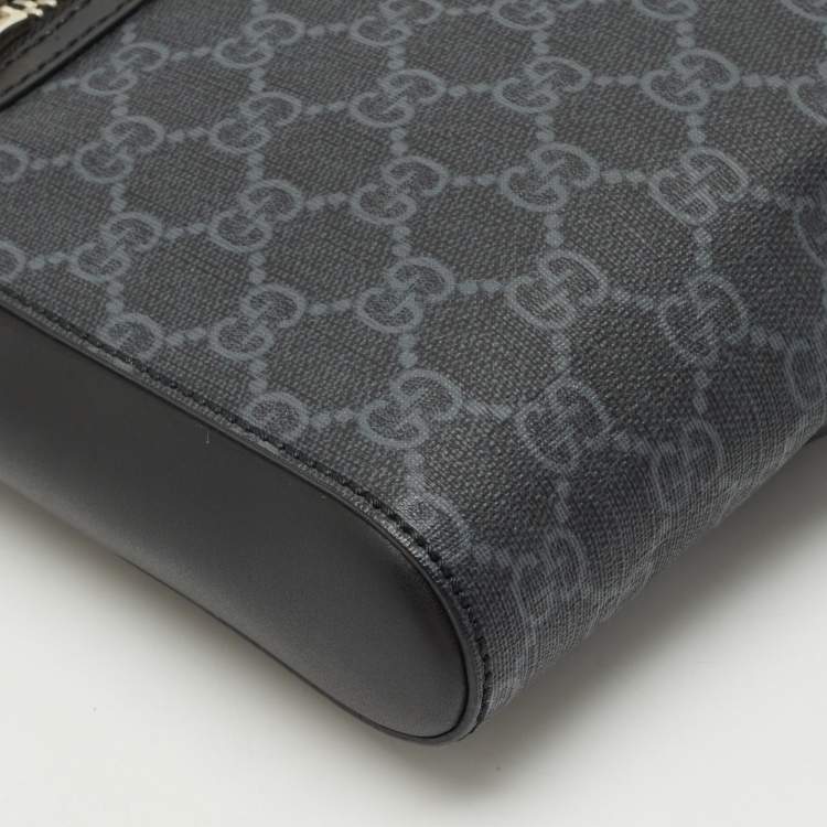 Pre Owned Gucci Black GG Supreme Canvas and Leather Zip Messenger Bag