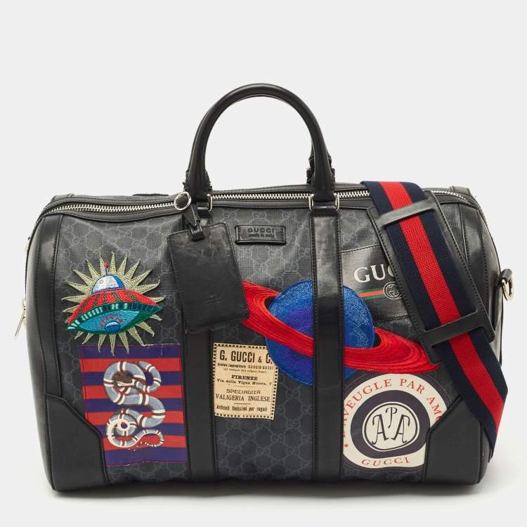 Pre Owned Gucci Black/Grey GG Supreme Canvas Medium Patchwork Duffel Bag