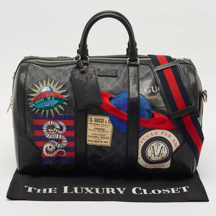 Pre Owned Gucci Black/Grey GG Supreme Canvas Medium Patchwork Duffel Bag
