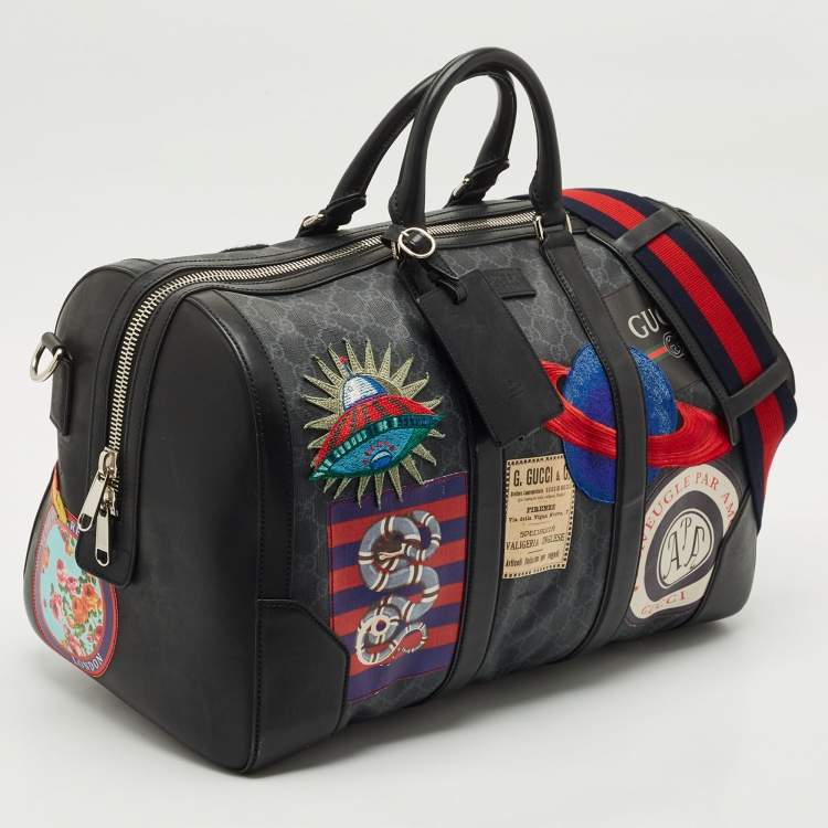 Pre Owned Gucci Black/Grey GG Supreme Canvas Medium Patchwork Duffel Bag