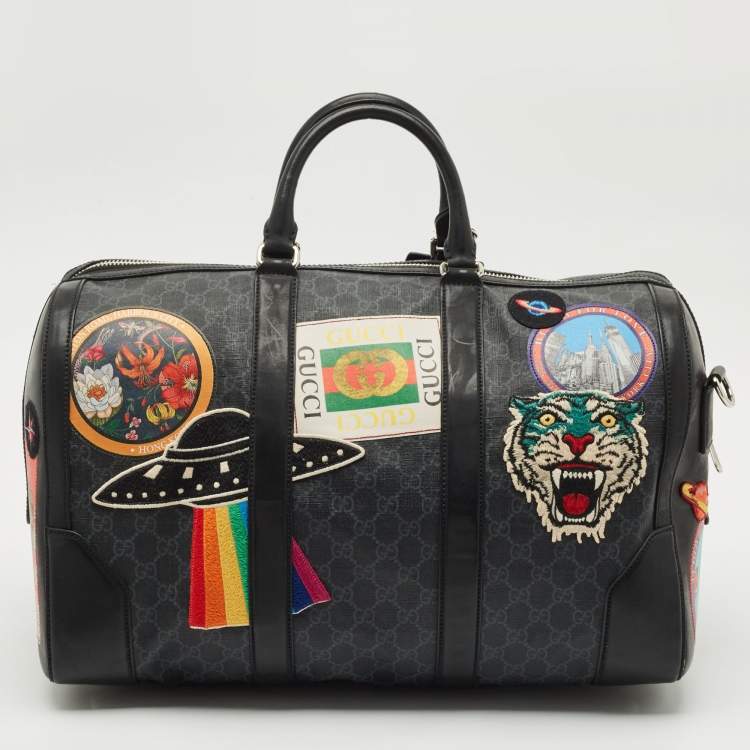 Pre Owned Gucci Black/Grey GG Supreme Canvas Medium Patchwork Duffel Bag