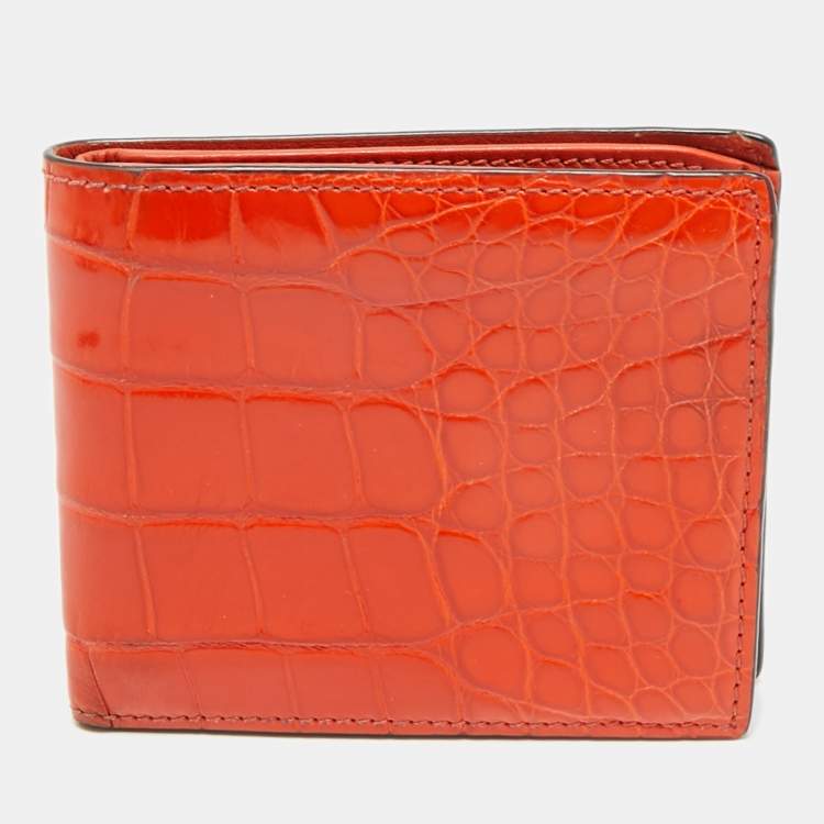 Pre Owned Gucci Orange Crocodile Bifold Wallet