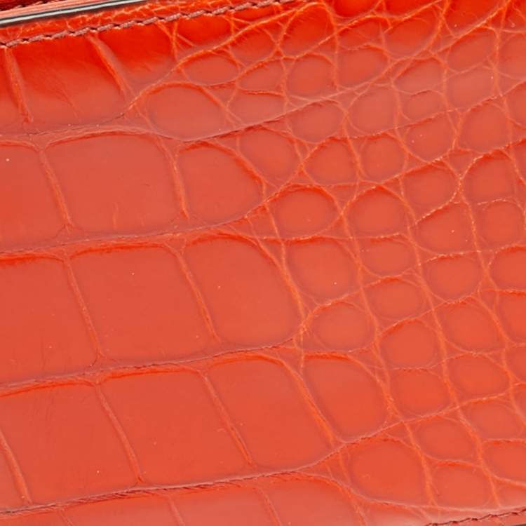 Pre Owned Gucci Orange Crocodile Bifold Wallet