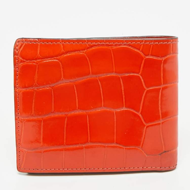 Pre Owned Gucci Orange Crocodile Bifold Wallet