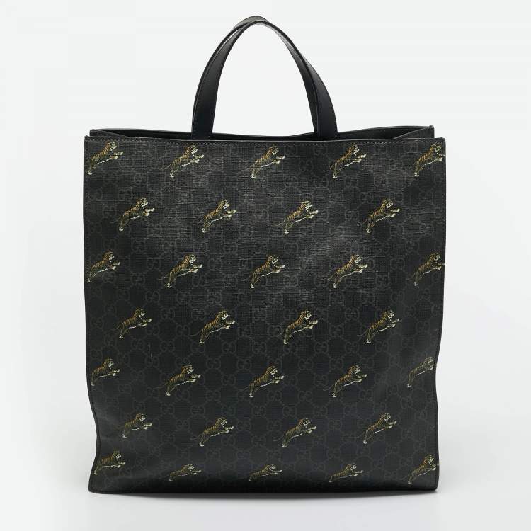 Pre Owned Gucci Black GG Supreme Canvas Tiger Print Vertical Tote