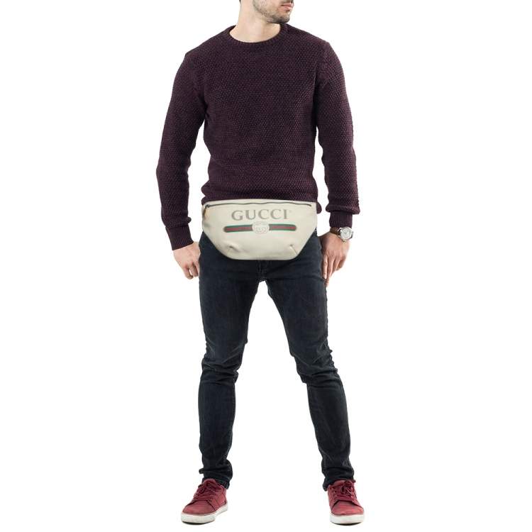 Pre Owned Gucci Off White Leather Logo Web Belt Bag