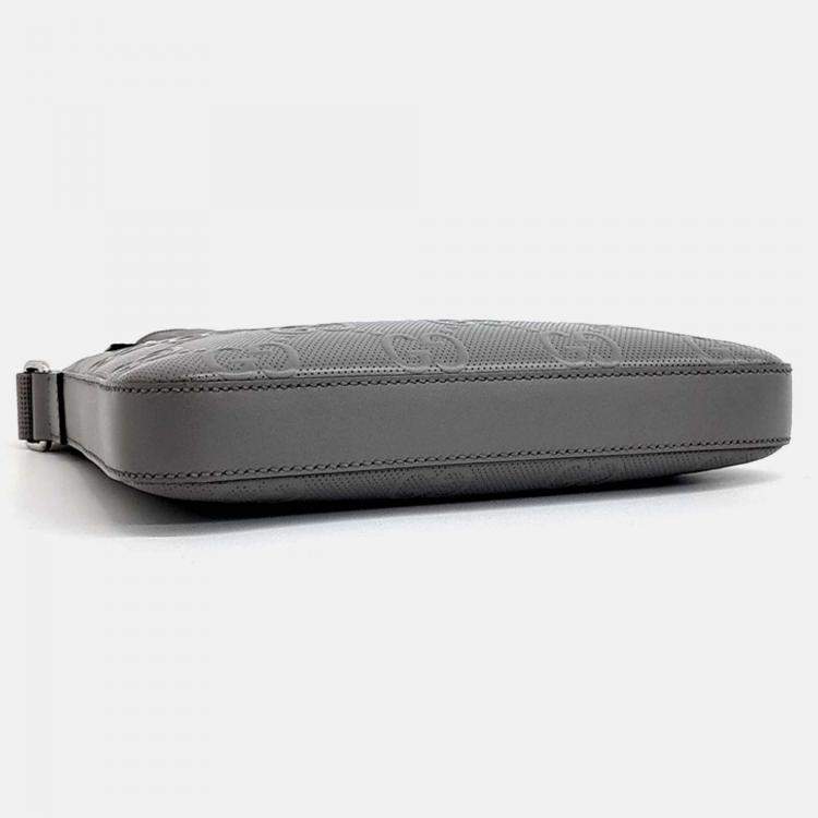 Pre Owned Gucci Grey Leather GG Embossed Messenger Crossbody Bag