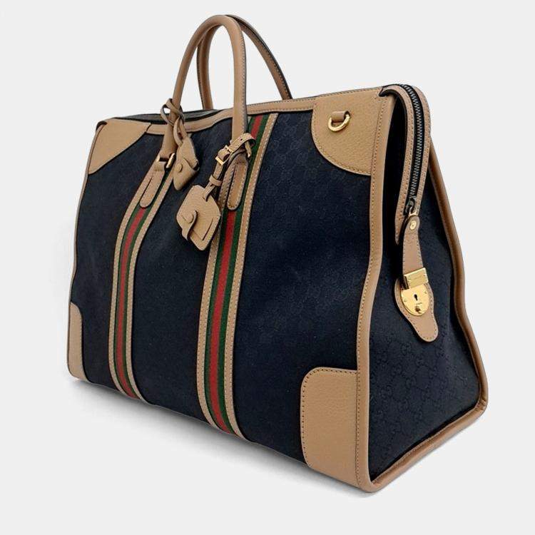 Pre Owned Gucci Black Brown Fabric GG Jacquard Duffel Bag
