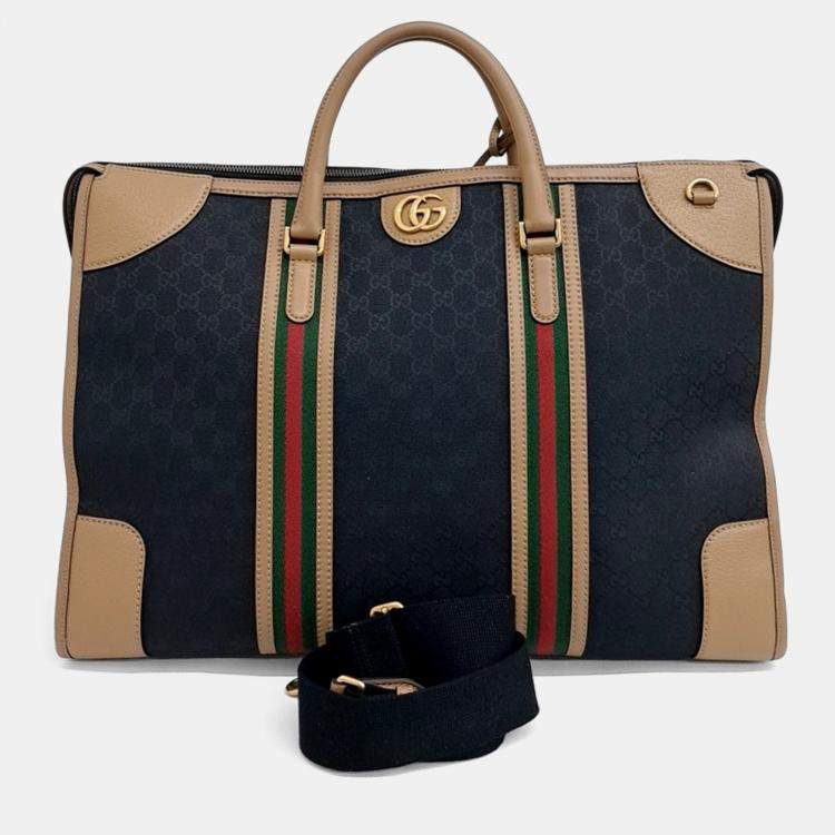 Pre Owned Gucci Black Brown Fabric GG Jacquard Duffel Bag