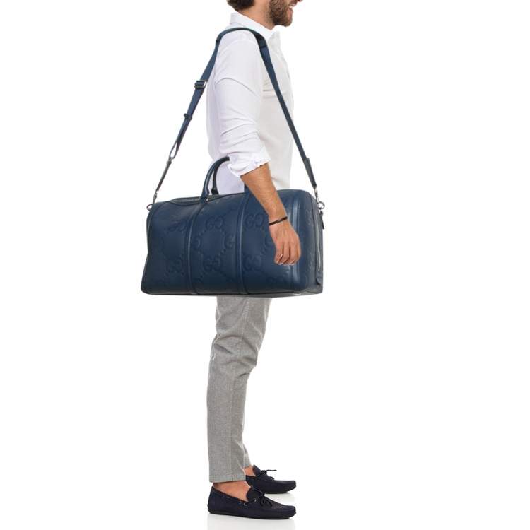 Pre Owned Gucci Navy Blue Jumbo GG Leather Medium Duffel Bag