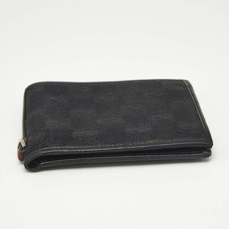 Pre Owned Gucci Black GG Canvas and Leather Web Bifold Wallet