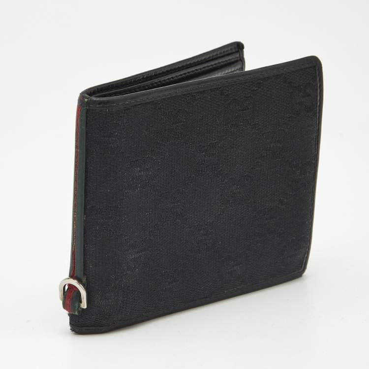 Pre Owned Gucci Black GG Canvas and Leather Web Bifold Wallet