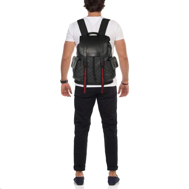 Pre Owned Gucci Black Soft GG Supreme Canvas and Leather Large Drawstring Backpack