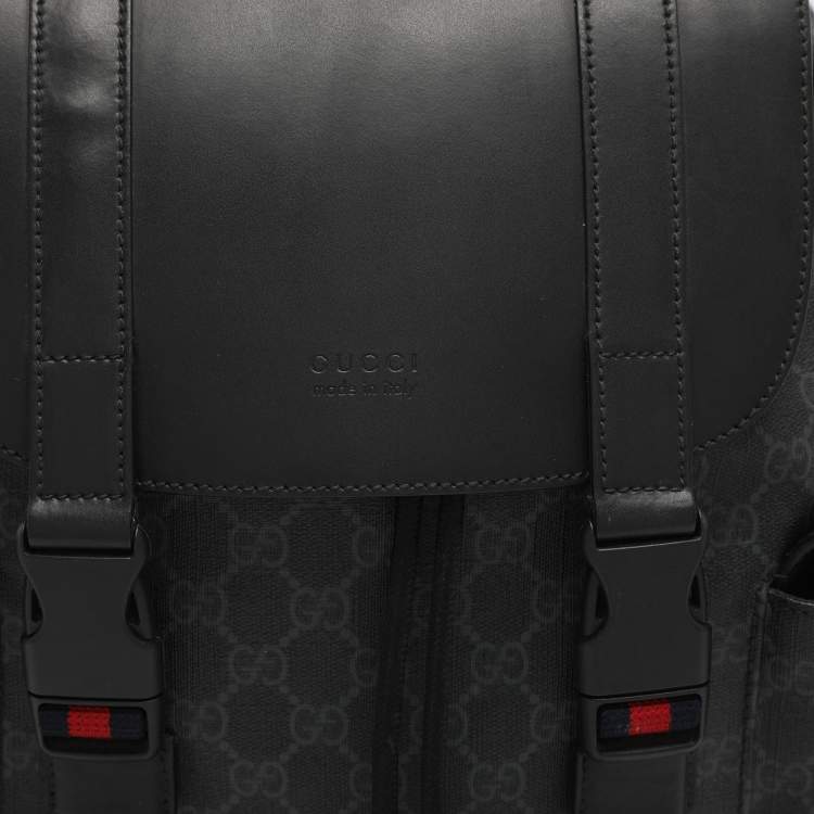 Pre Owned Gucci Black Soft GG Supreme Canvas and Leather Large Drawstring Backpack
