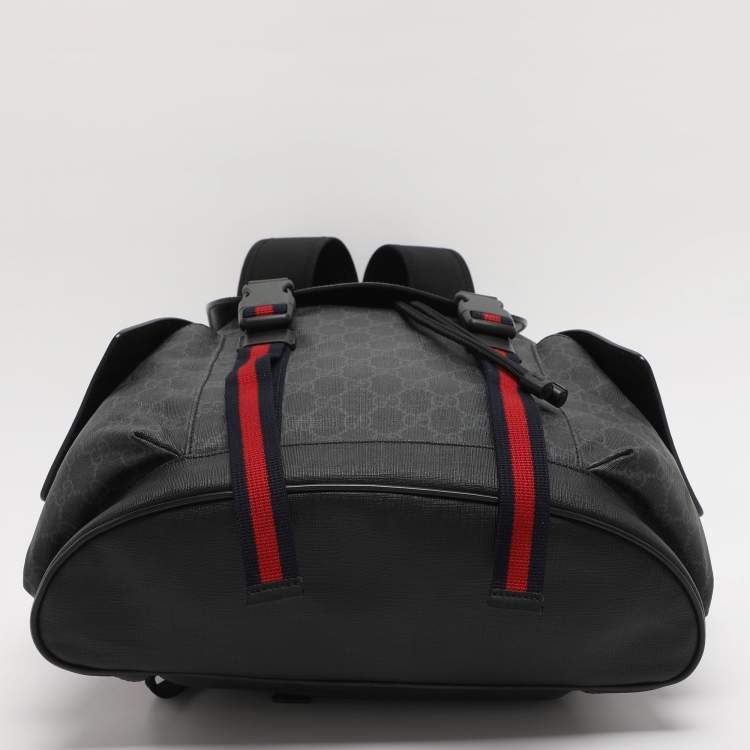 Pre Owned Gucci Black Soft GG Supreme Canvas and Leather Large Drawstring Backpack