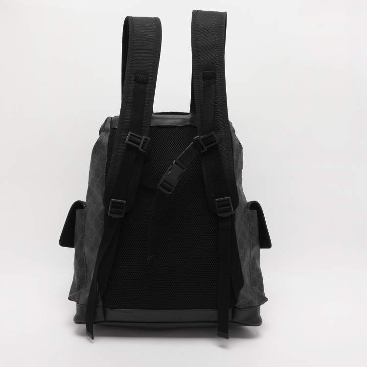 Pre Owned Gucci Black Soft GG Supreme Canvas and Leather Large Drawstring Backpack