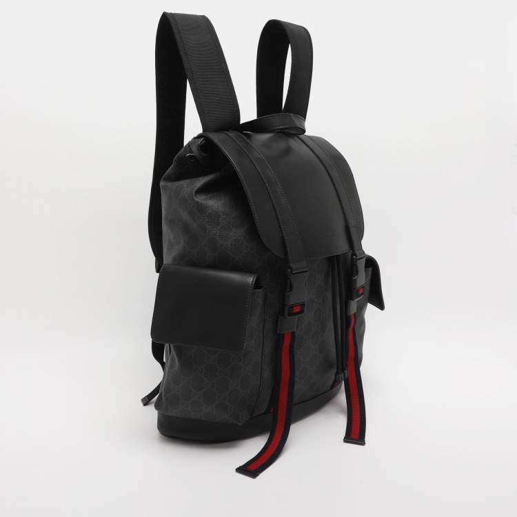 Pre Owned Gucci Black Soft GG Supreme Canvas and Leather Large Drawstring Backpack
