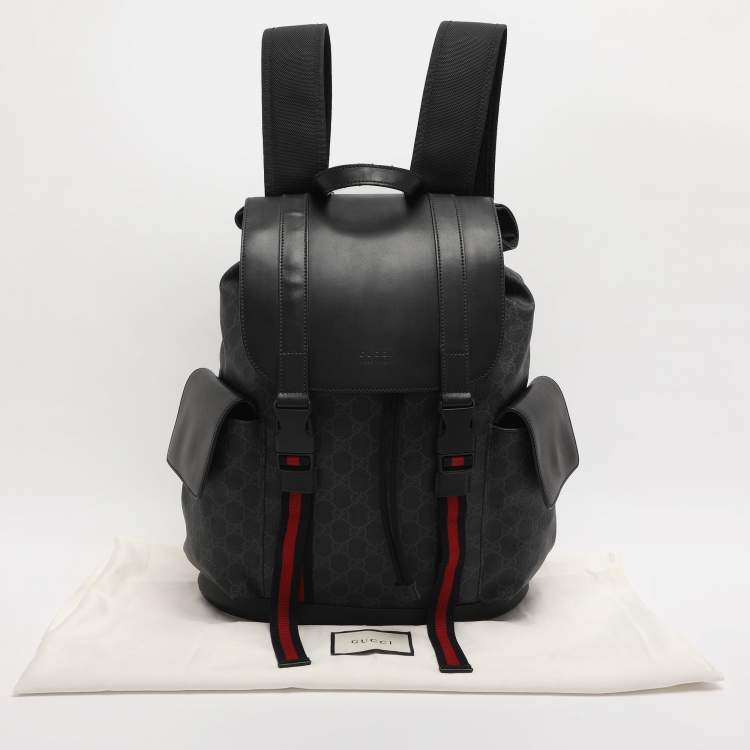 Pre Owned Gucci Black Soft GG Supreme Canvas and Leather Large Drawstring Backpack