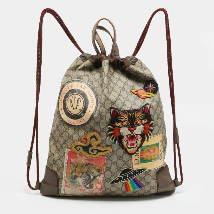 مملوكة مسبقًا Gucci Courrier Beige/Brown GG Supreme Canvas Drawstring Backpack