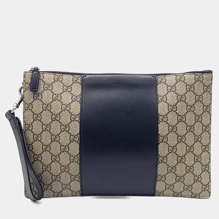 Pre Owned Gucci Beige Black Leather and PVC Gg Supreme Clutch