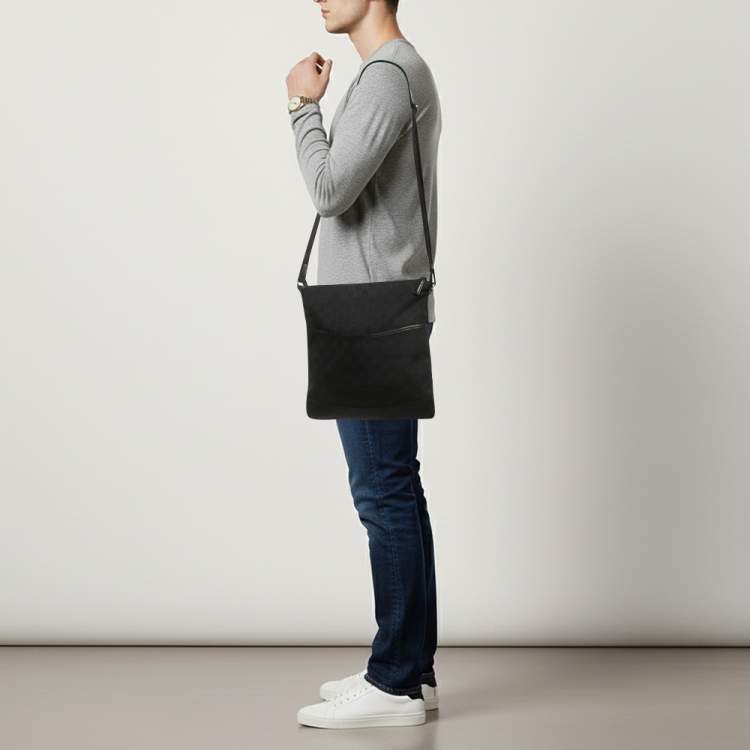 Pre Owned Gucci Black GG Canvas Flat Messenger Bag