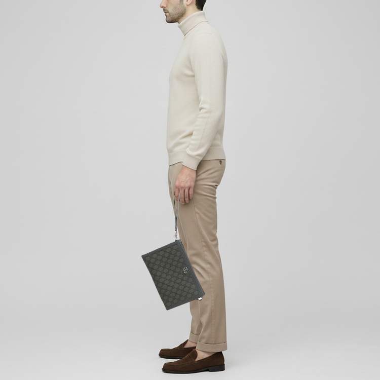 Pre Owned Gucci Ophidia Small Grey GG Supreme Canvas Wristlet Pouch