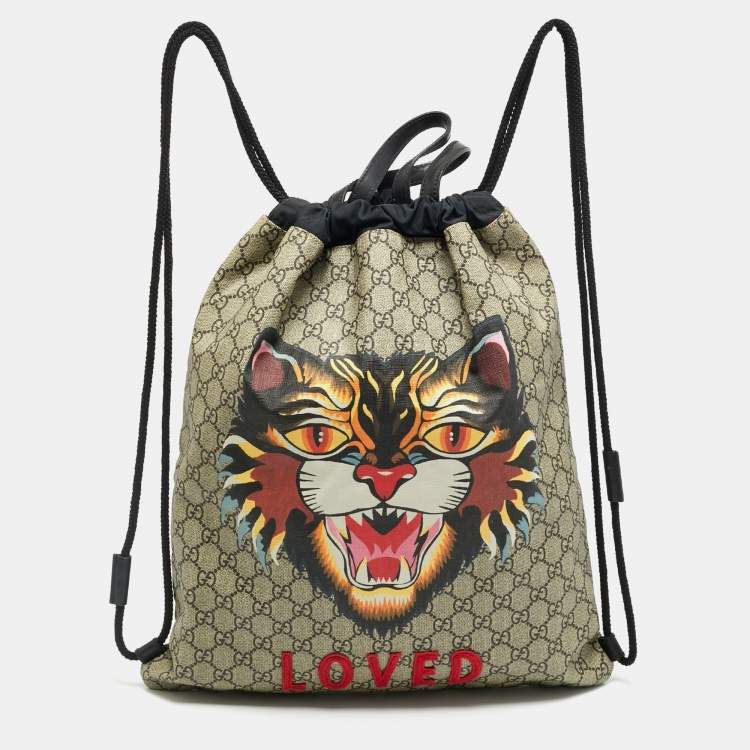Pre Owned Gucci Angry Cat Beige/Black GG Supreme Canvas and Fabric Drawstring Backpacks