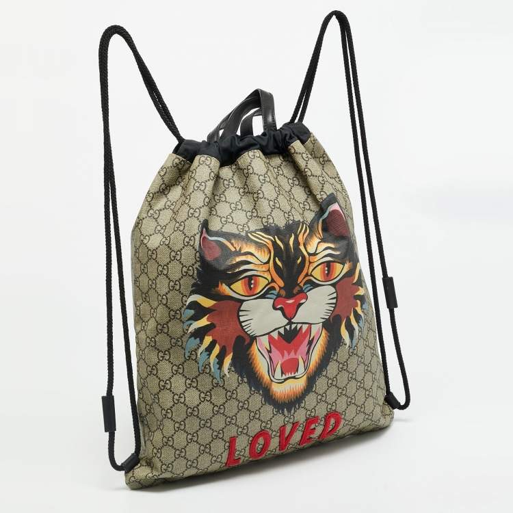 Pre Owned Gucci Angry Cat Beige/Black GG Supreme Canvas and Fabric Drawstring Backpacks