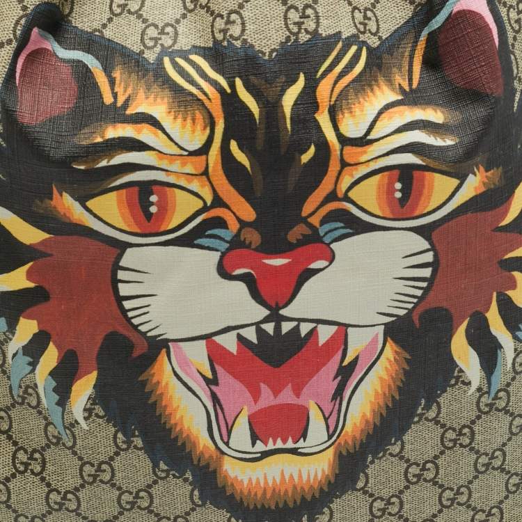 Pre Owned Gucci Angry Cat Beige/Black GG Supreme Canvas and Fabric Drawstring Backpacks