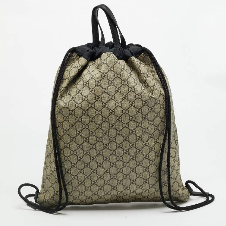 Pre Owned Gucci Angry Cat Beige/Black GG Supreme Canvas and Fabric Drawstring Backpacks